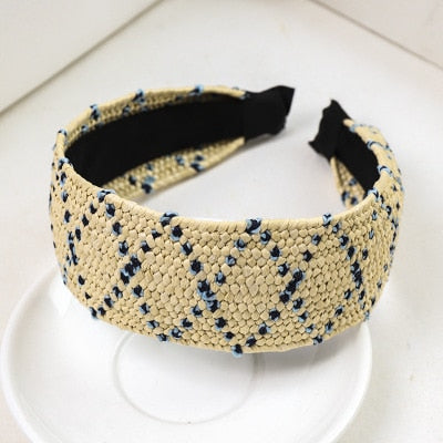 Straw Wide Sponge Plaid Knot Cross Hair Scarf Band Hairband for Women Girl Korea Headbands Fashion Accessorie