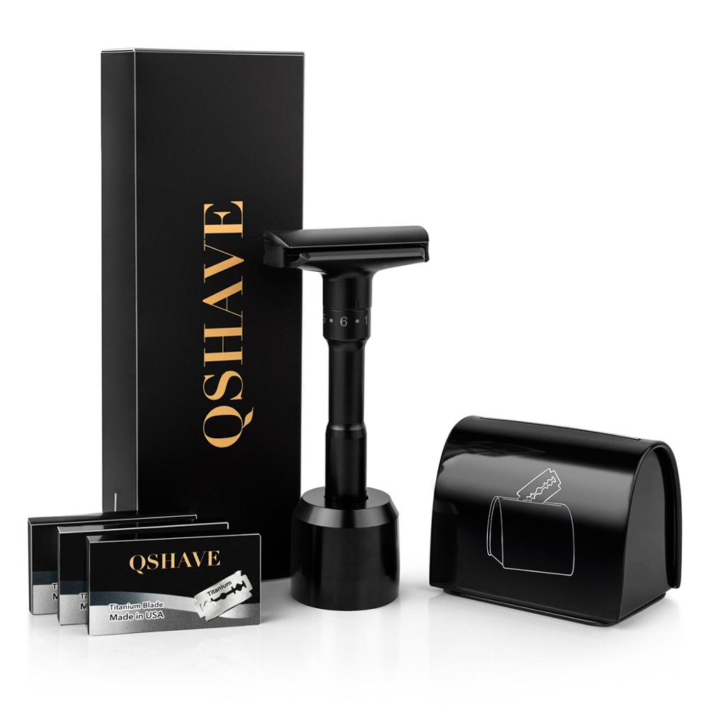 QShave Luxurious Black Adjustable Safety Razor kit  Men&#39;s Shaving kit Holder + Razor + Blade Disposal Case +15 Blades set