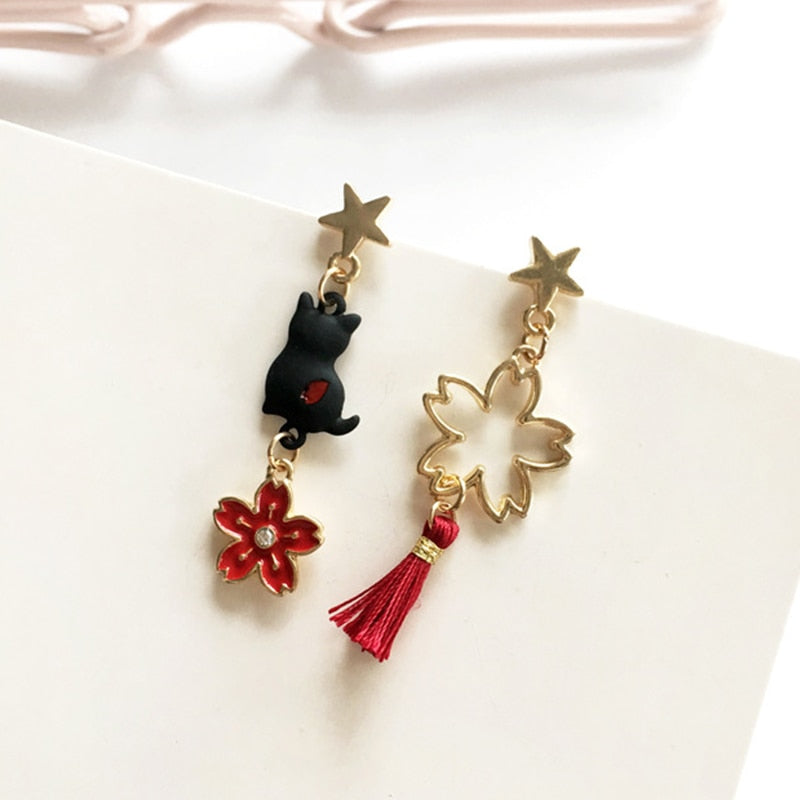 Korean Asymmetrical Cute Animal Cat Dangle Earrings Women Enamel Flower Rabbit Fan Star Moon Balloon Earrings Party Jewelry Gift