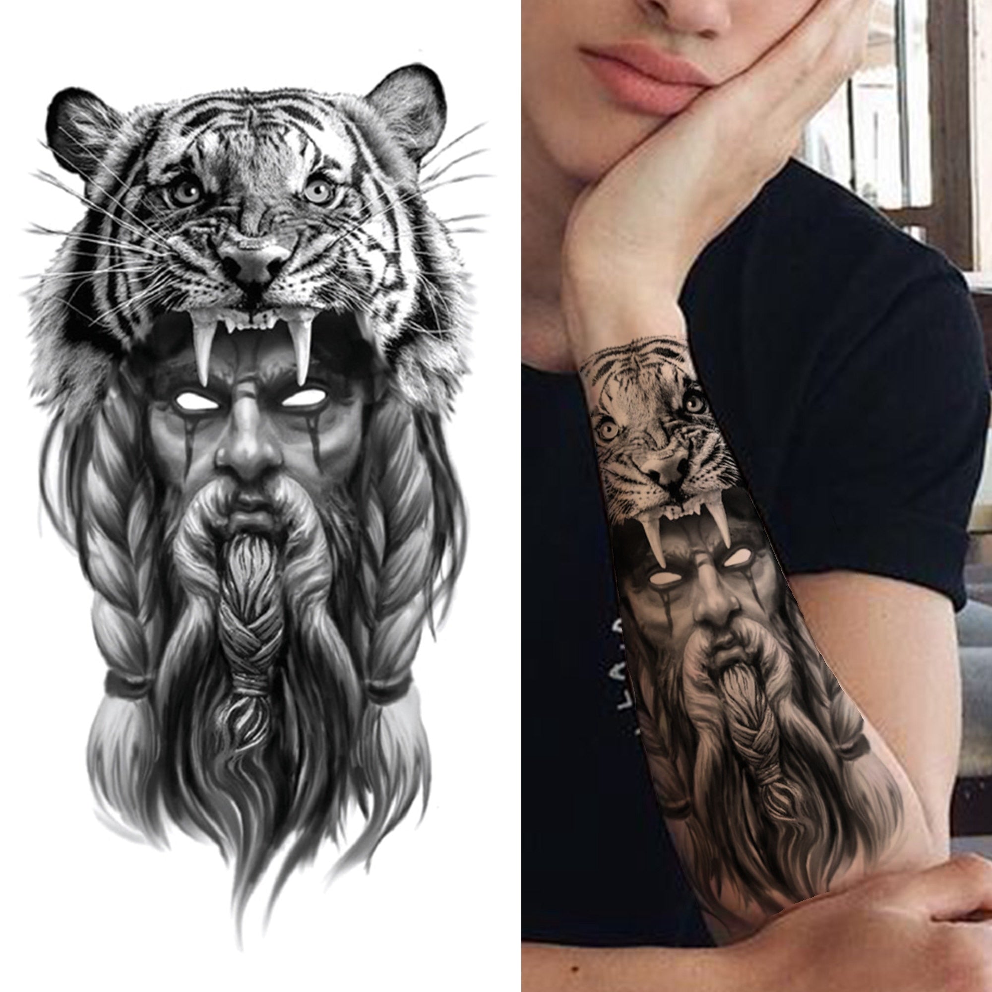 Black Forest Tattoo Sticker For Men Women Children Tiger Wolf Death Skull Temporary Tattoo Fake Henna Skeleton King Animal Tatoo