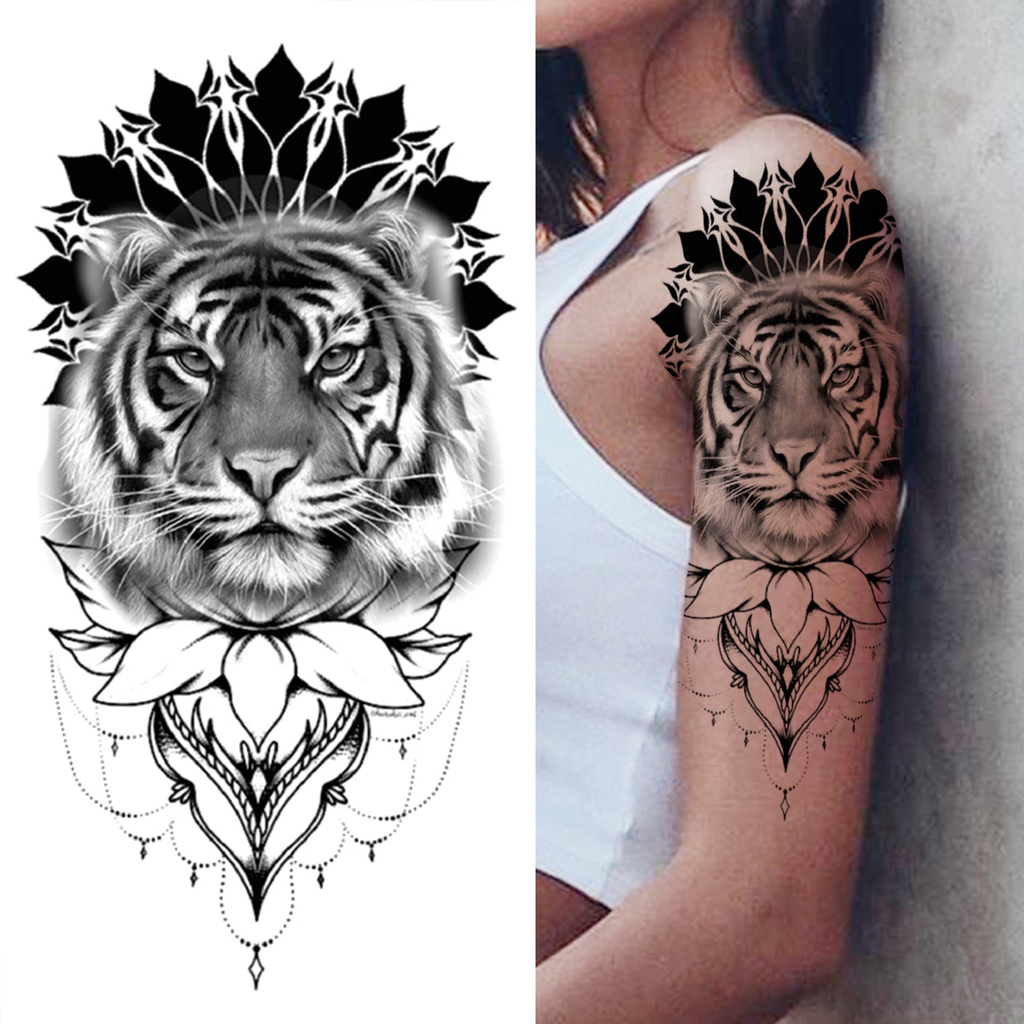 Black Forest Tattoo Sticker For Men Women Children Tiger Wolf Death Skull Temporary Tattoo Fake Henna Skeleton King Animal Tatoo