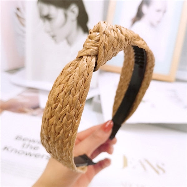 Straw Wide Sponge Plaid Knot Cross Hair Scarf Band Hairband for Women Girl Korea Headbands Fashion Accessorie