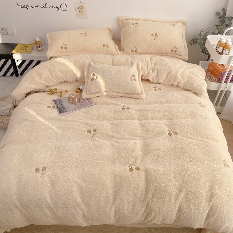 White Winter Warm Berber Fleece Star Embroidery Princess Bedding Set Double Duvet Cover Set Bed Sheet Pillowcases Home Textiles