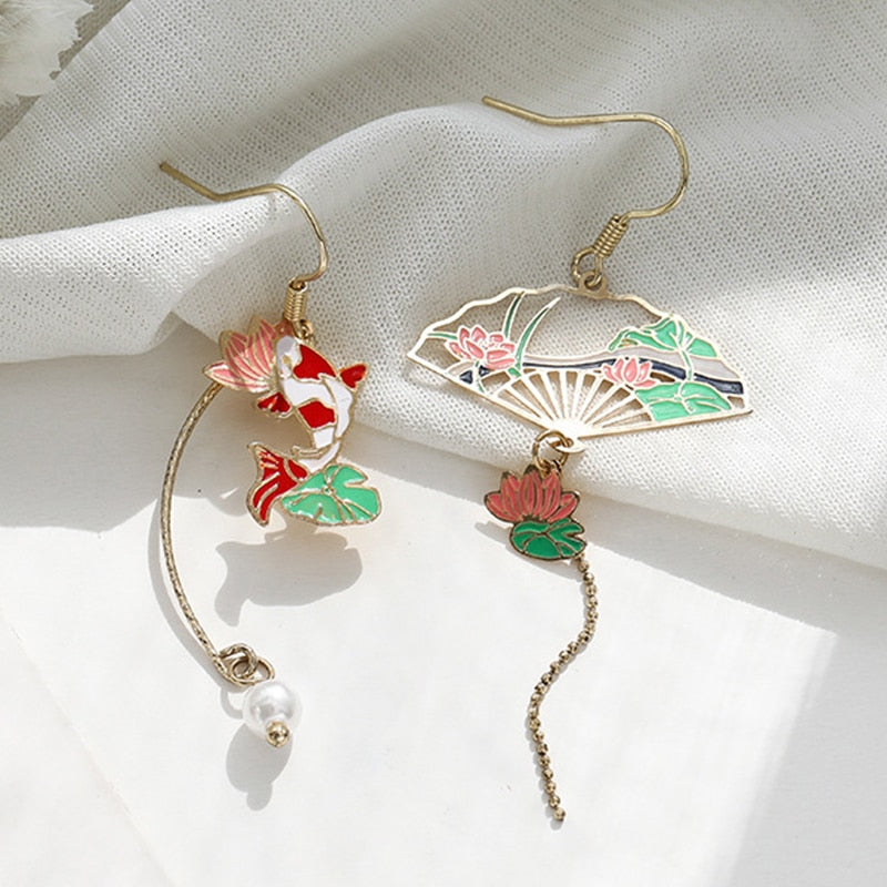 Korean Asymmetrical Cute Animal Cat Dangle Earrings Women Enamel Flower Rabbit Fan Star Moon Balloon Earrings Party Jewelry Gift