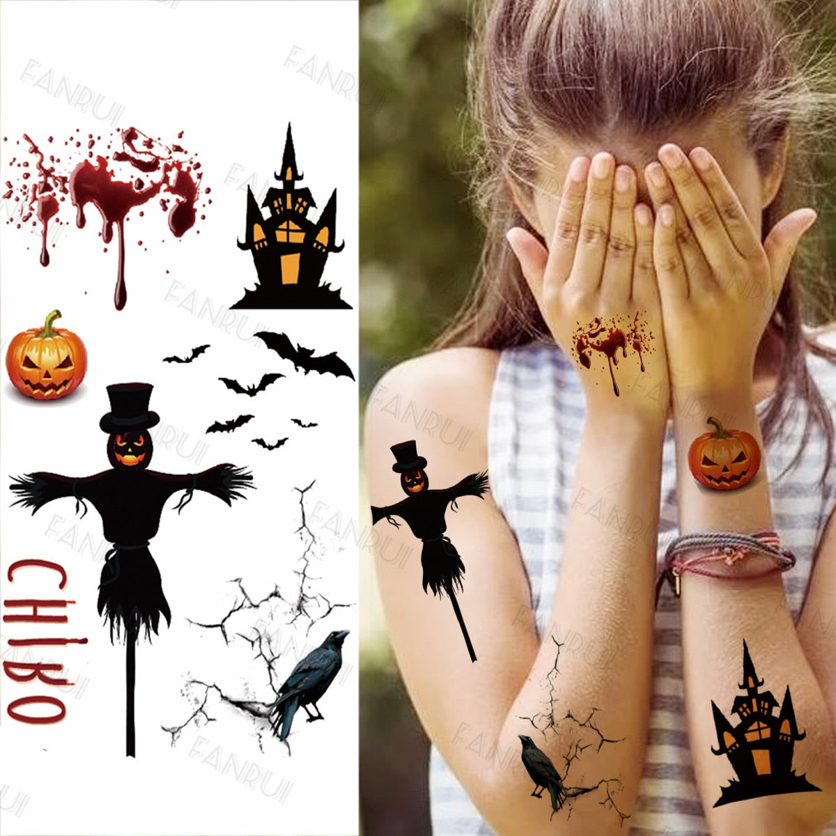 Black Halloween Spider Temporary Tattoos For Kids Children Realistic Fake Bat Scarecrow Skull Tatoos DIY Small Tattoo Stickers