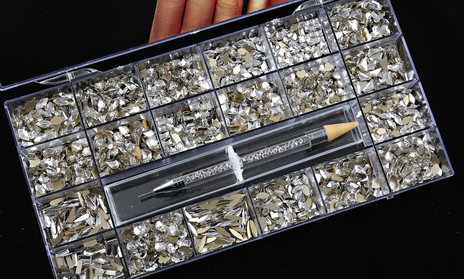 2000PC (20*100) Crystal AB Rhinestone In Grids 20Shape Flat- Back Nail Art Rhinestone With 1 Pick Up Pen In Clear Big Box