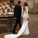 OKLULU  Elegant Wedding Dress Mermaid Square Neckline Long Sleeves Satin Bridal Dress U-Shape Backless Brides Dress