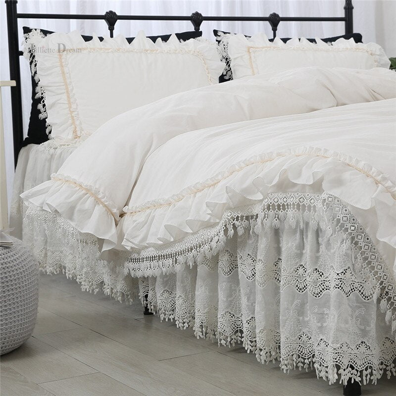 Super Luxury Lace Bedding Set Top Princess Bedding For Queen Bed Linen Ruffle Decorative Duvet Cover Skirt Bed Sheet Bed Set
