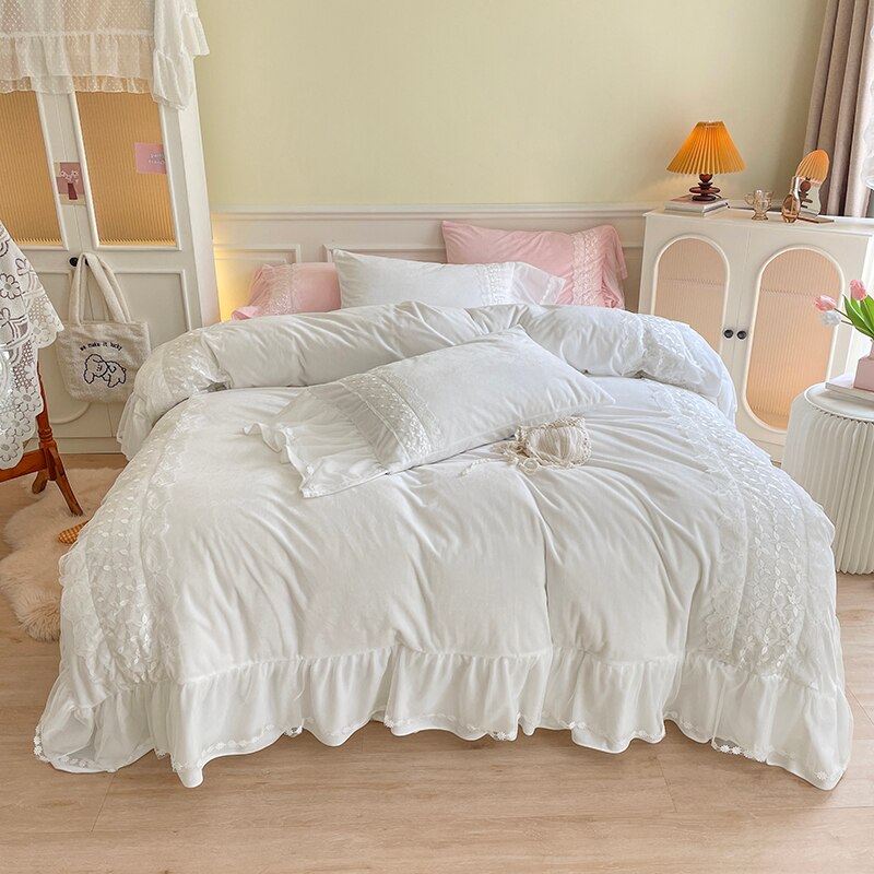 Super Soft Warm Cozy Shaggy Velvet Fleece Princess Bed Skirt Bedding Set Lace Ruffles Quilt/Duvet Cover Set Bed Linen Pillowcase