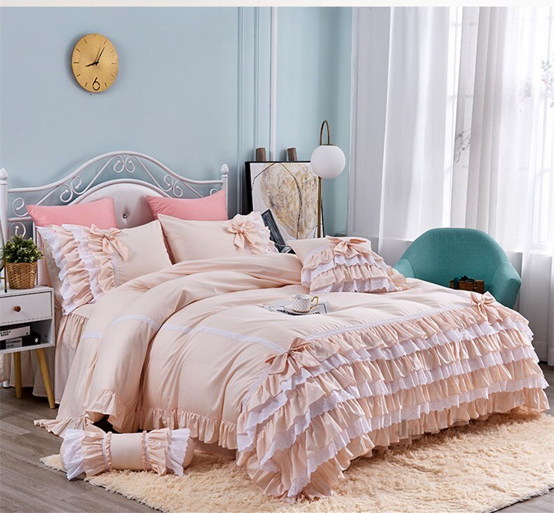 New luxury layers bedding set sweet princess bow ruffle duvet cover wedding bedding pink bed sheet girl baby bed skirt cover