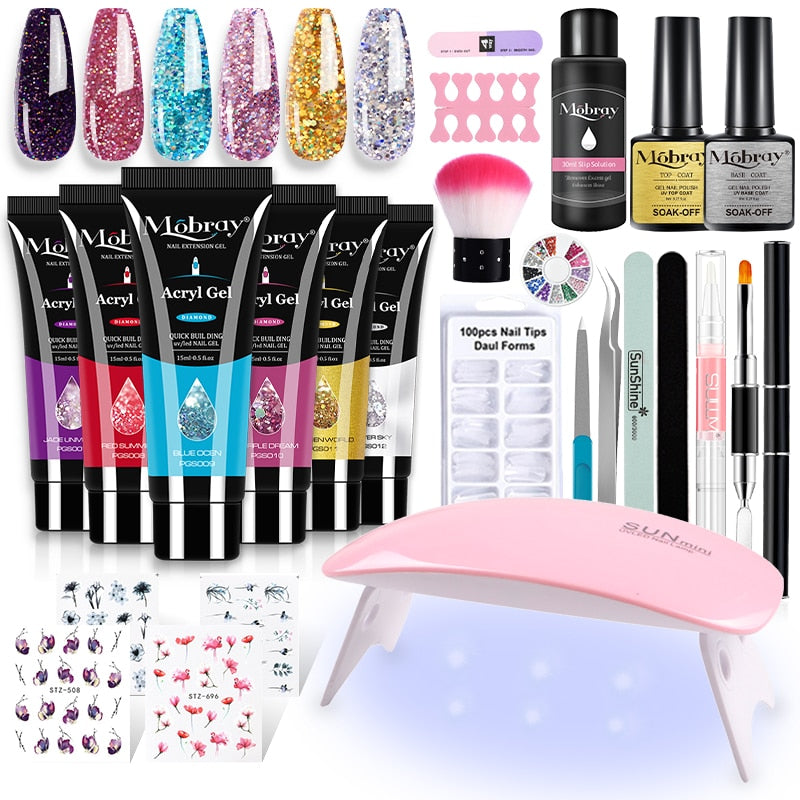 Mobray Poly Nail Gel Kit Nail Set With Nail Drying Lamp Base Top Coat Extension Gel Nail Kit Nail Tools Manicure Set