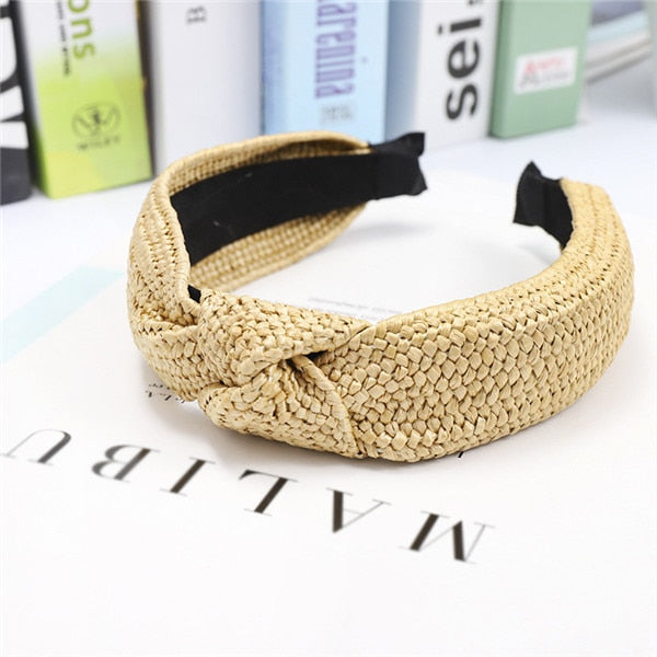 Straw Wide Sponge Plaid Knot Cross Hair Scarf Band Hairband for Women Girl Korea Headbands Fashion Accessorie