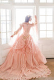 Medieval Pink Ball Gown Wedding Dresses 2021 Off The Shoulder Royal Sleeve lace Pearls Garden gothic lace-up bridal gowns