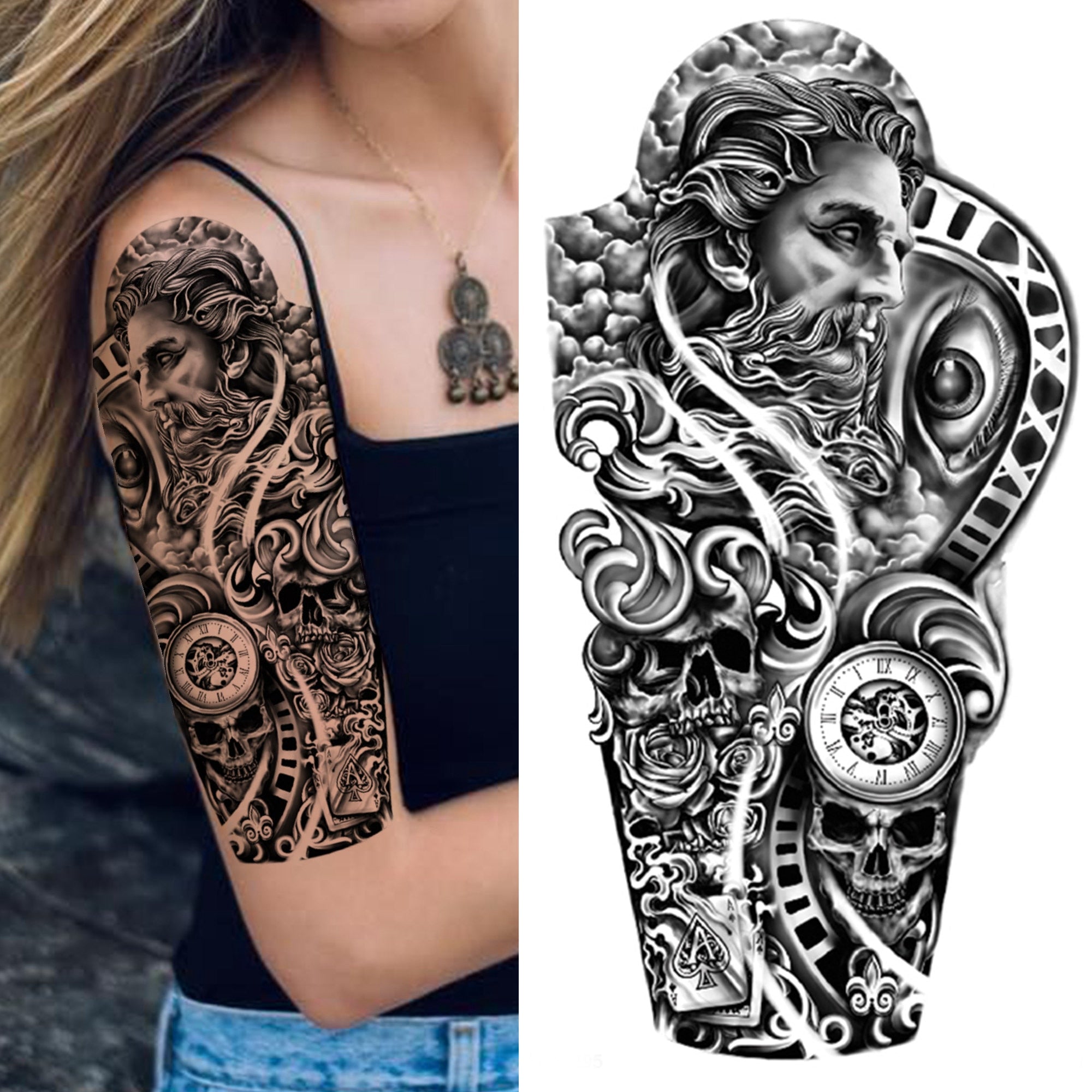 Black Forest Tattoo Sticker For Men Women Children Tiger Wolf Death Skull Temporary Tattoo Fake Henna Skeleton King Animal Tatoo