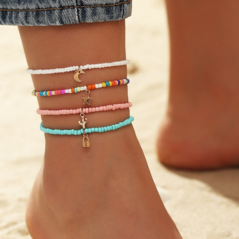 Bohemian Colorful Eye Beads Anklets For Women Shell Turtle Daisy Heart Summer Ocean Beach Ankle Bracelet Foot Leg Chain Jewelry