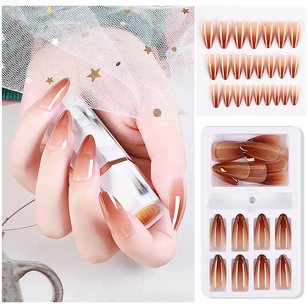 24 Pcs/Box False Nail Glitter Mirror Aurora Full Cover Nail Tips Coffin Fake Nails Gradient Nail DIY Decoration