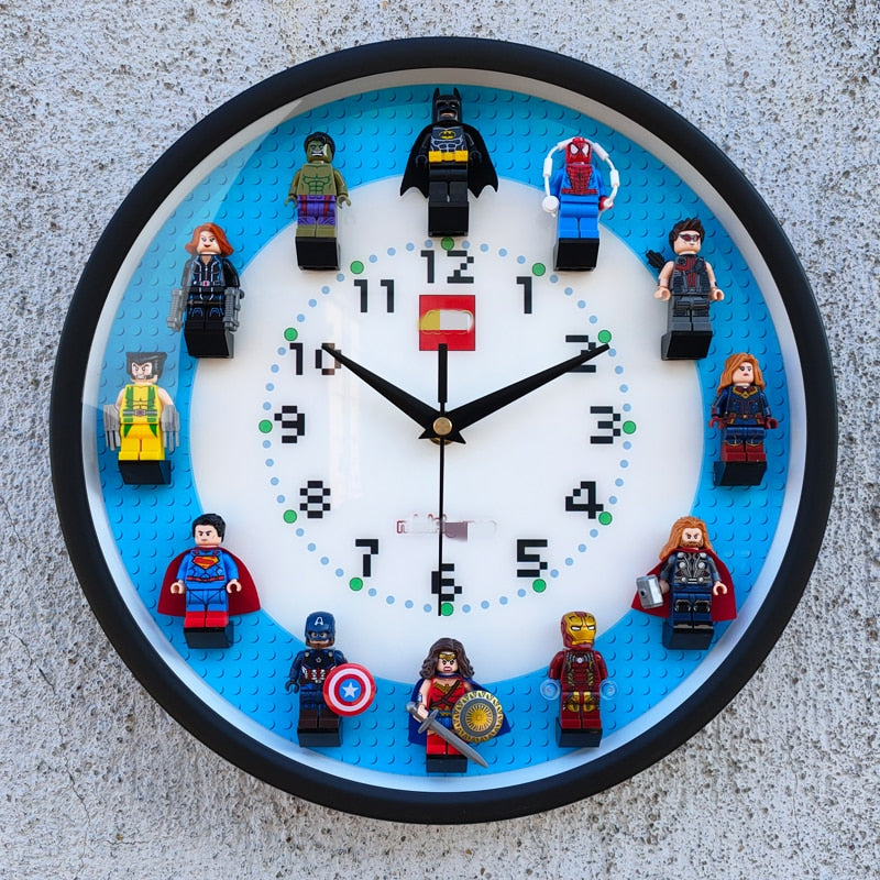 3D Building Blocks Superhero Doll Wall Clock Silent Movement Kids Bedroom Large Creative Personality Clock Ornaments Wall Watch