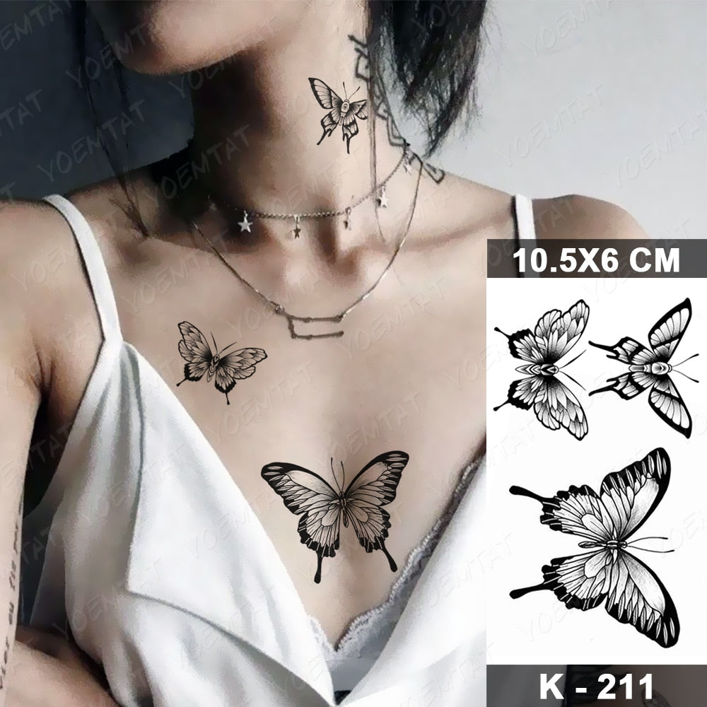 Waterproof Temporary Tattoo Stickers Butterfly Snake Rose Flower Gun Dark Flash Tatto Women Body Art Wrist Neck Fake Tattoos Men