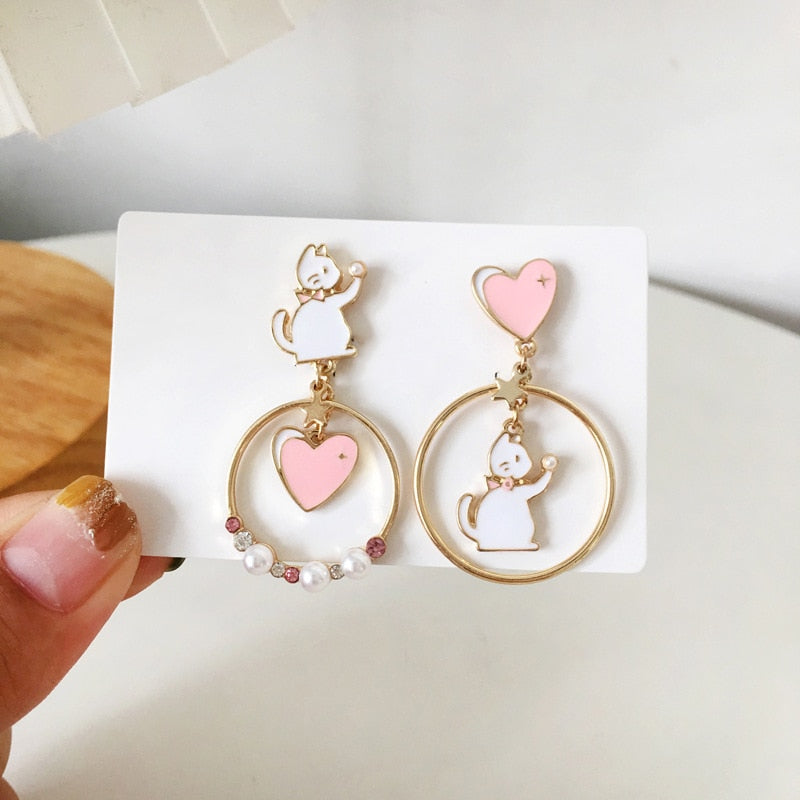 Korean Asymmetrical Cute Animal Cat Dangle Earrings Women Enamel Flower Rabbit Fan Star Moon Balloon Earrings Party Jewelry Gift