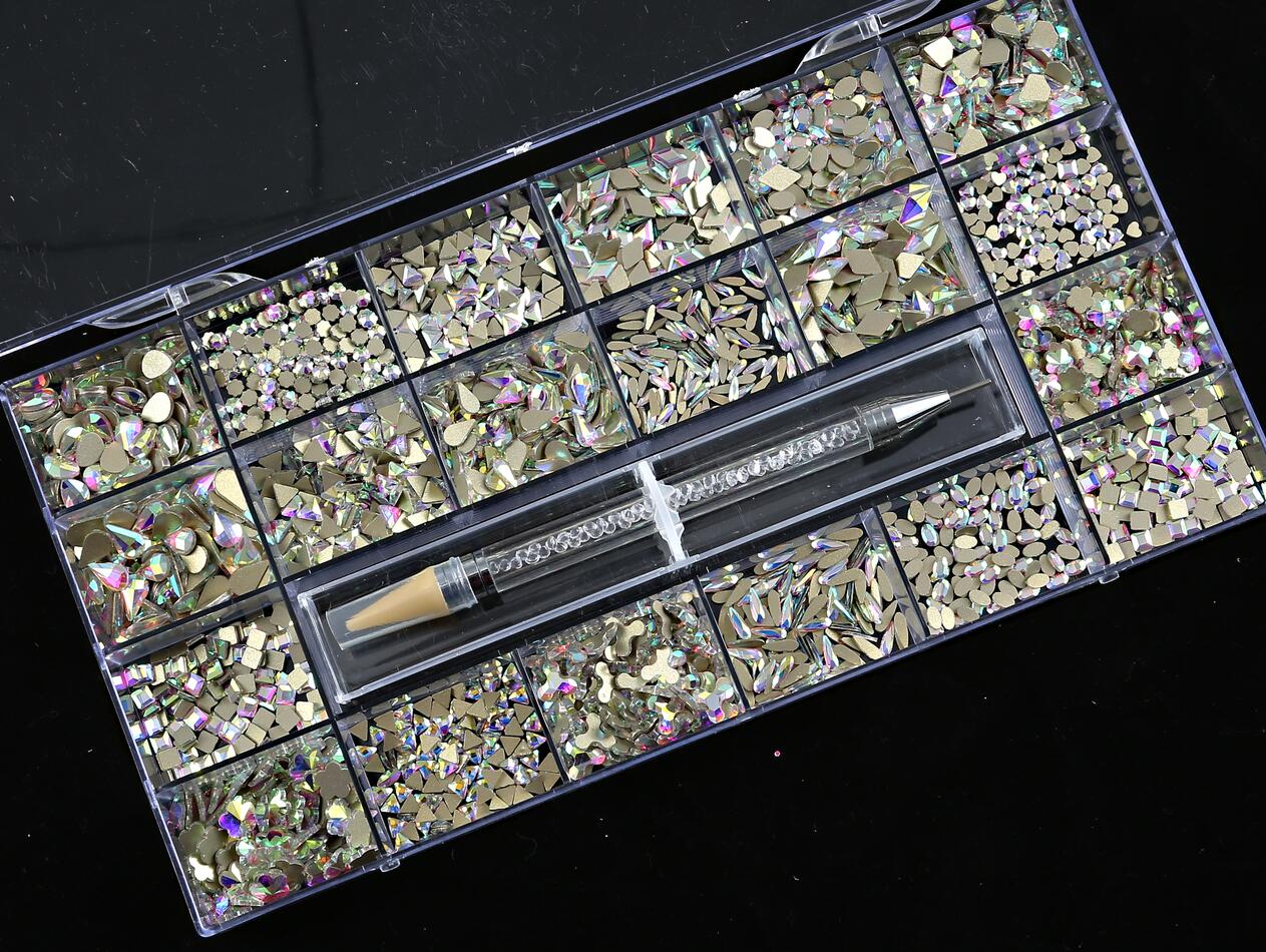 2000PC (20*100) Crystal AB Rhinestone In Grids 20Shape Flat- Back Nail Art Rhinestone With 1 Pick Up Pen In Clear Big Box