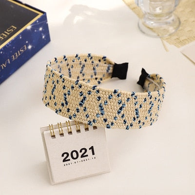 Straw Wide Sponge Plaid Knot Cross Hair Scarf Band Hairband for Women Girl Korea Headbands Fashion Accessorie