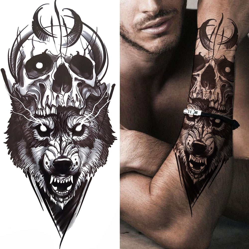 Black Forest Tattoo Sticker For Men Women Children Tiger Wolf Death Skull Temporary Tattoo Fake Henna Skeleton King Animal Tatoo