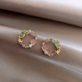 Korean Fashion Classic Round Wreath Pink Green Crystal Flower Stud Earrings Sweet Daisy Flower Ear Jewelry Brinco Gift for Women