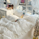 Korean Girl Princess Style Solid Color Bedding Fitted Set Cute Cotton Ruffle Duvet Cover With Pillow Case Full Queen Bed Sheets