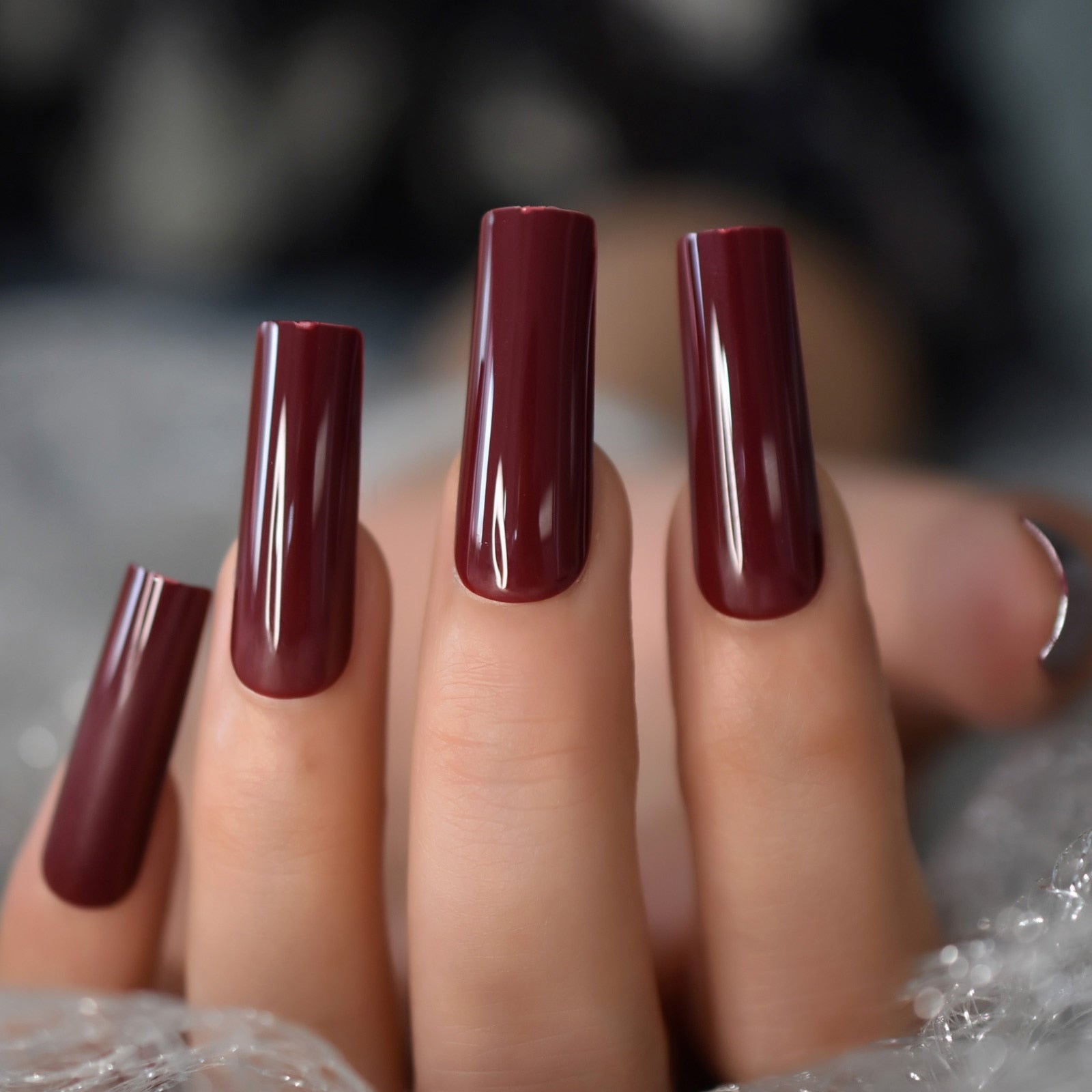 Extra Long Nail Tips Burgundy Red Wine Straight Tapered Square Full Cover Press On False Nail for Salons DIY Nail Art at Home