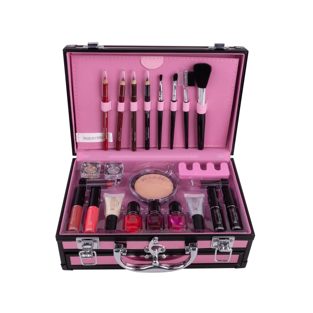 Oklulu  Professional Makeup Set 2 Lyer Suitcase Makeup Kit Lipstick Brush Eyeliner Nail Polish Set Cosmetic For Makeup Eyeshadow Palette