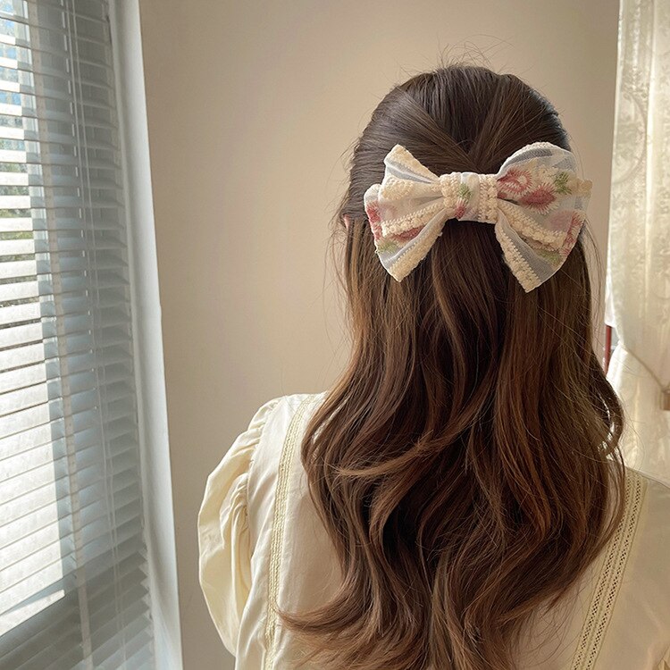 Rose Lace Bow Hairpin Korean Ribbon Spring Barrette Hair Clips Embroidery Flower Fabric Hair Bows Casual Girls Hair Accessories
