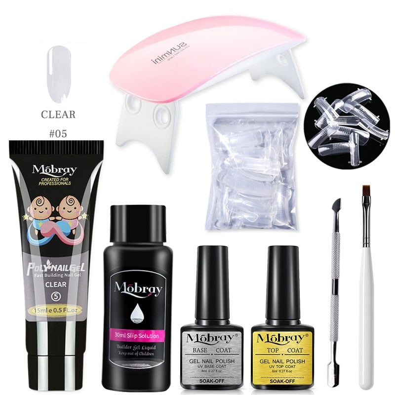 Mobray Poly Nail Gel Kit Nail Set With Nail Drying Lamp Base Top Coat Extension Gel Nail Kit Nail Tools Manicure Set