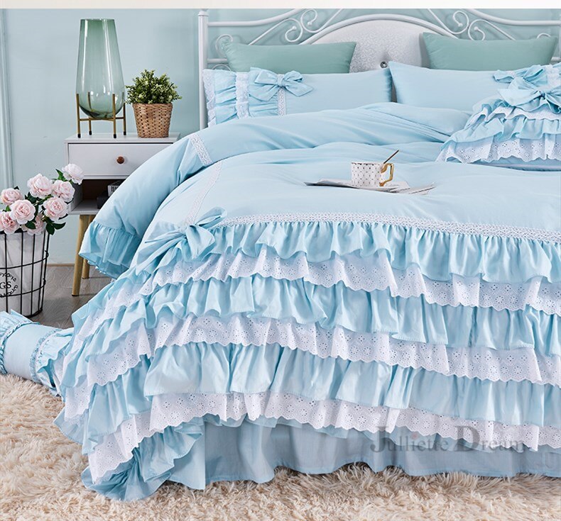 New luxury layers bedding set sweet princess bow ruffle duvet cover wedding bedding pink bed sheet girl baby bed skirt cover