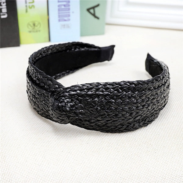 Straw Wide Sponge Plaid Knot Cross Hair Scarf Band Hairband for Women Girl Korea Headbands Fashion Accessorie