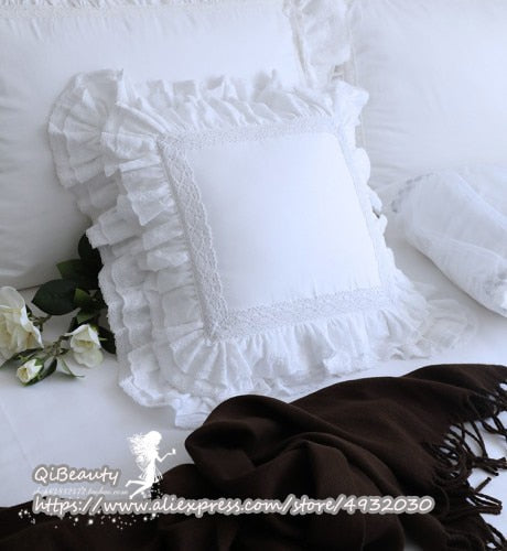 Oklulu  European embroidered cushion cover ruffle Lace Satin cotton pillow cover Backrest Lumbar Pillow Square Hold Pillow Case