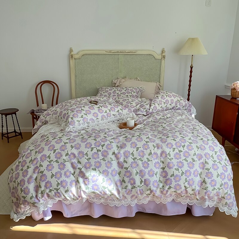 100% Cotton Vintage French Floral Pattern Princess 4Pcs Bedding Set Ruffles Bed Skirt Quilt/Duvet Cover Set Bed Linen Pillowcase