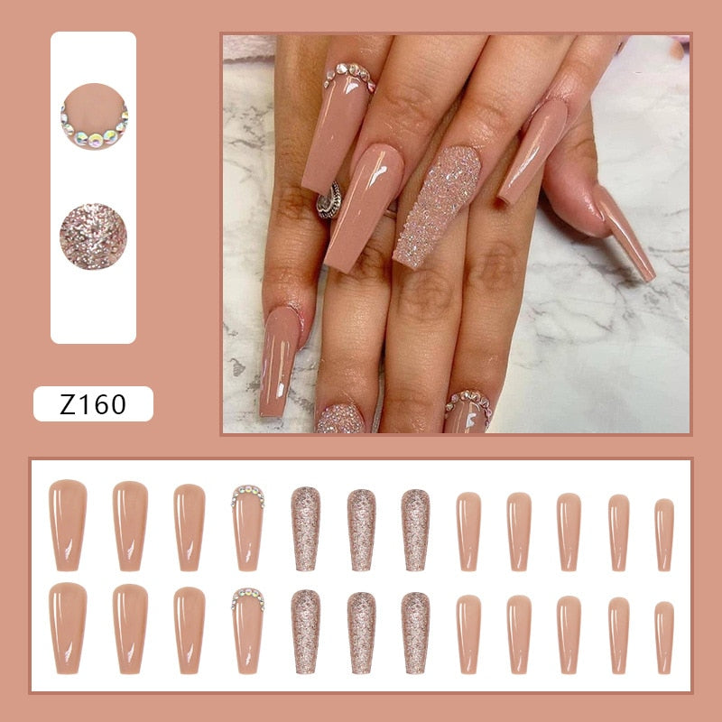 24pcs False Nails Nude Gradient Nail Patch Rhinestone Inlaid Press On Nails Removable Long Paragraph Fashion Manicure nail tips