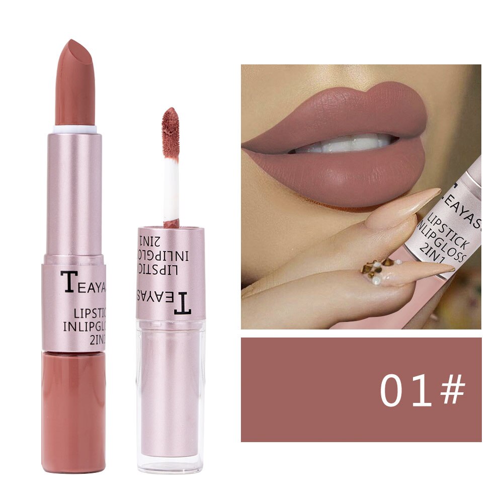 Velvet Nude Matte Lip Gloss Lipstick 2 in 1 Waterproof Long Lasting Lip Balm Sexy Red Lip Tint Professional Makeup for Women