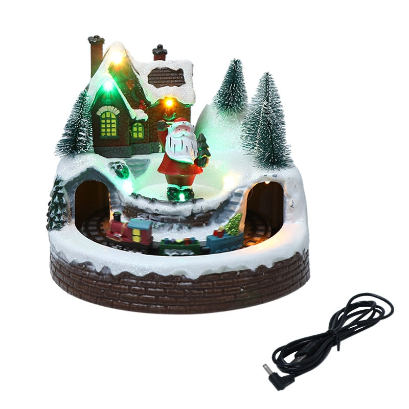 Christmas Village Santa Claus Ornaments with LED Light Music Xmas Tree Revolving Train House Statue Decorations Home Crafts Gift