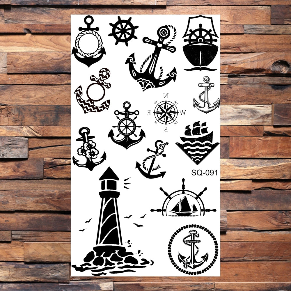 Skull Anchor Halloween Temporary Tattoos For Adults Children Realistic Pirate Panda Compass Fake Tattoo Sticker Body Neck Tatoos