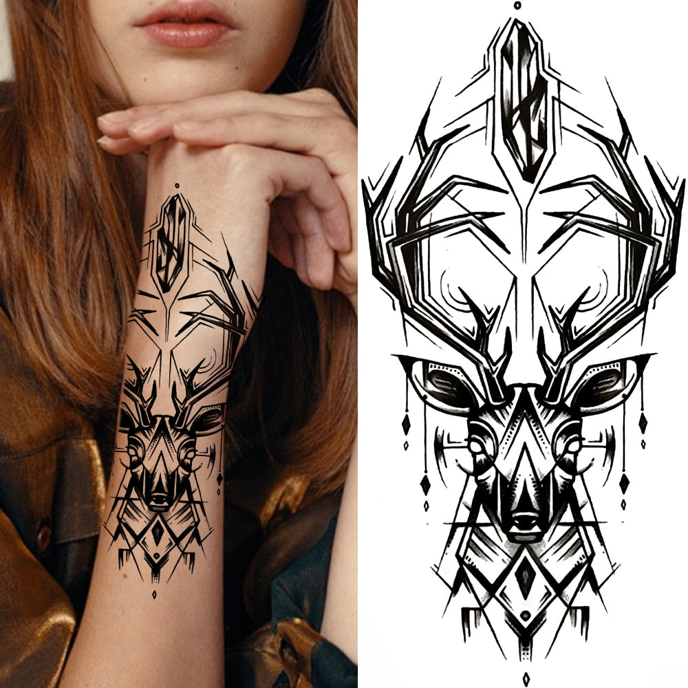 Black Forest Tattoo Sticker For Men Women Children Tiger Wolf Death Skull Temporary Tattoo Fake Henna Skeleton King Animal Tatoo