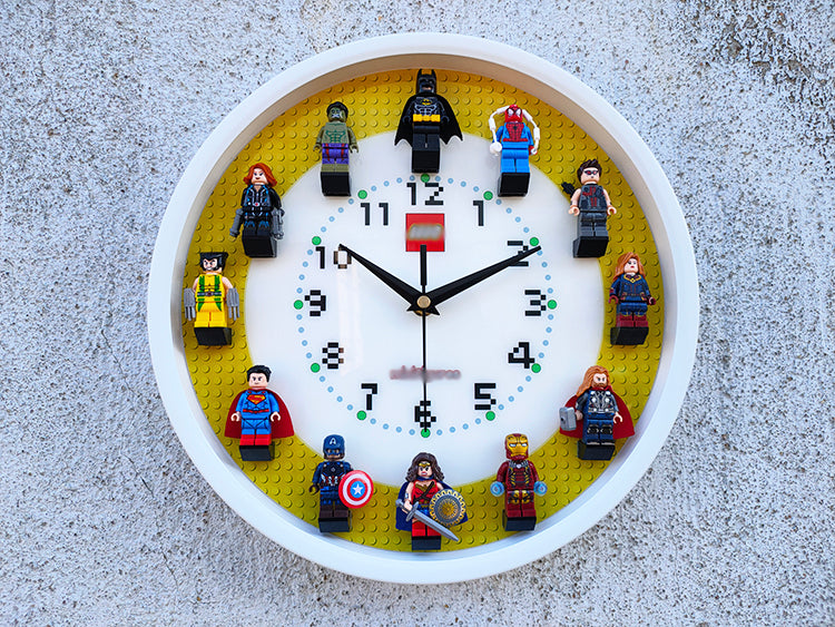 3D Building Blocks Superhero Doll Wall Clock Silent Movement Kids Bedroom Large Creative Personality Clock Ornaments Wall Watch