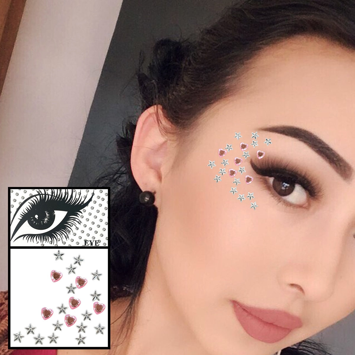 Pink Flower Star Heart Face Gems Temporary Tattoos Eyes Eyebrow Diamonds Jewels Sticker Glitter Crystals Jewelry Halloween Rave