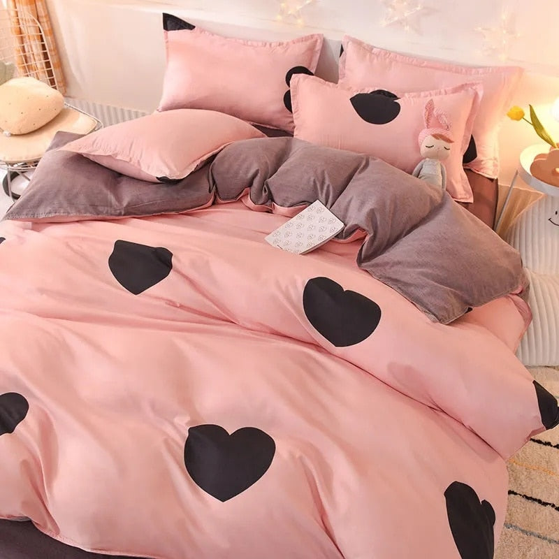 Pink Heart Bedding Set Lovely Bed Linen Sheet Duvet Cover 240x220 Single Double Queen King Quilt Covers Sets Soft Bedclothes