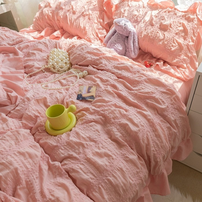 Korean Lovely Princess Queen Bedding Set Kawaii Ruffles Comforter Bedding Sets Cute Girl Duvet Cover Set with Sheet Quilt Covers