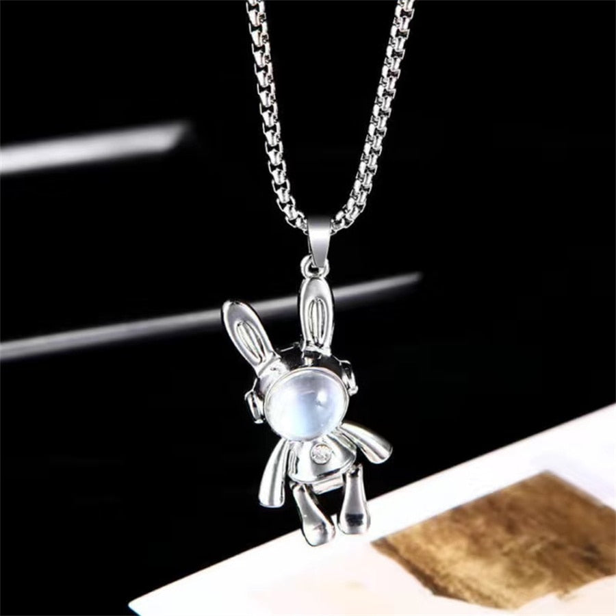 Light Luxury Opal Rabbit Pendant Necklace For Women Chinese Style Rabbit Sitting On Moon Star Animal Choker Trendy Party Jewelry