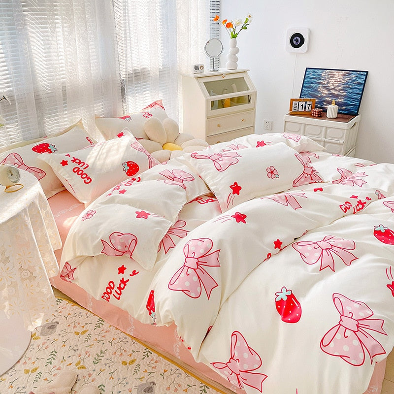 New Cartoon Foral Print Polyester Bedding Set Full Size Soft Thicken Duvet Cover Set with Flat Sheet Quilt Cover and Pillowcase