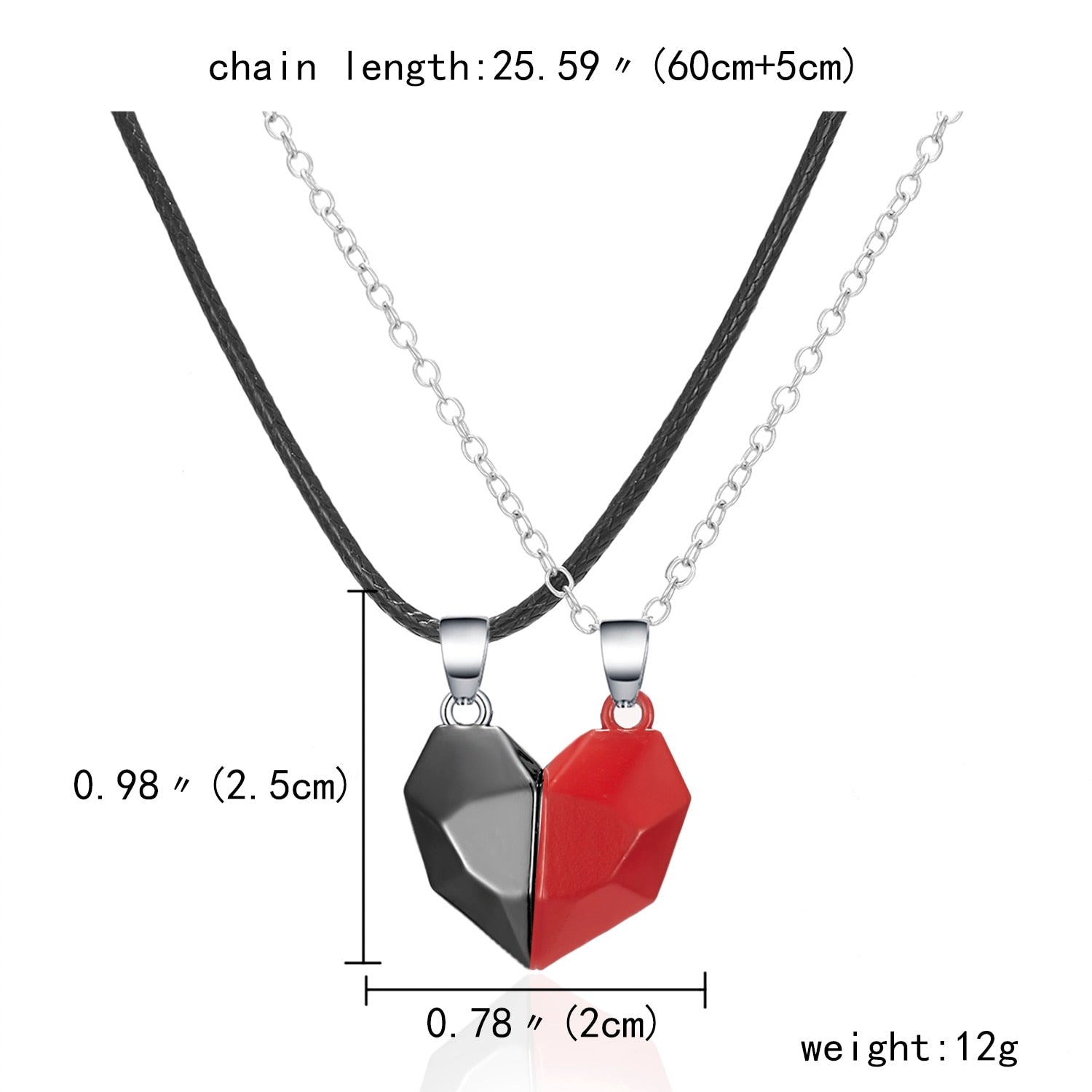 2Pcs/set Magnetic Couple Necklace Lovers Heart Black Red White Pendant Distance Faceted Charm Necklace Women Valentines Day Gift