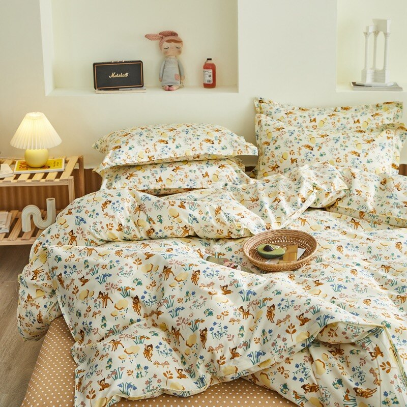 NEW 4PCS Lovely Deer Floral Pattern Bedding Set Pillow Cases Duvet Sheets Queen/Single /Twin Bed 200x230cm