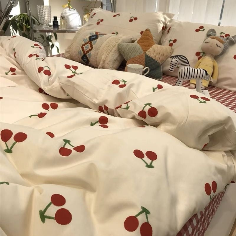 Simple Red Cherry Bedding Sets Nordic Flower Quilt Cover Single Double Size Bed Linen Adult Girls Quilt Cover Decor Home Textile